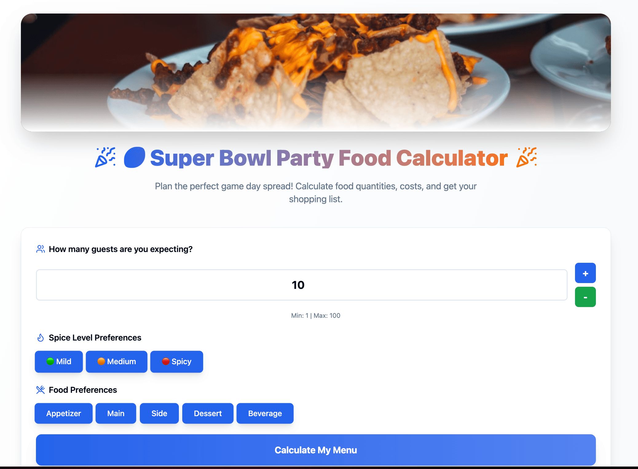 Party Food Calculator Example