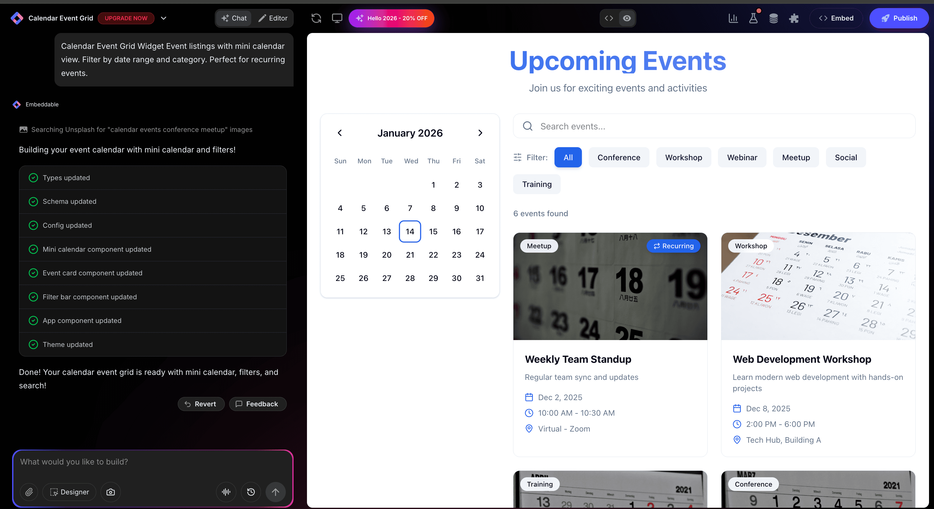 Events Calendar in Editor