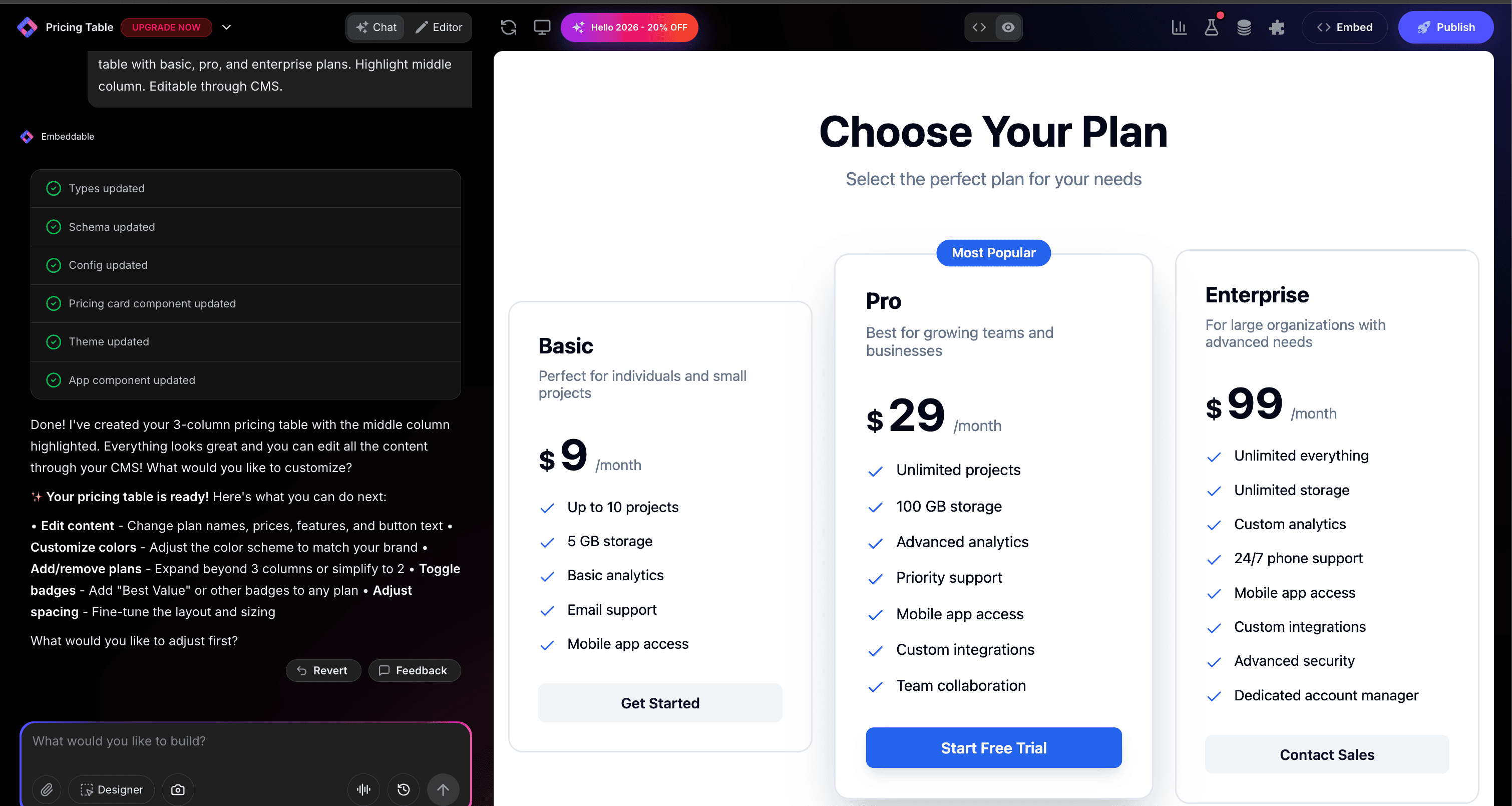 Pricing Table in Editor