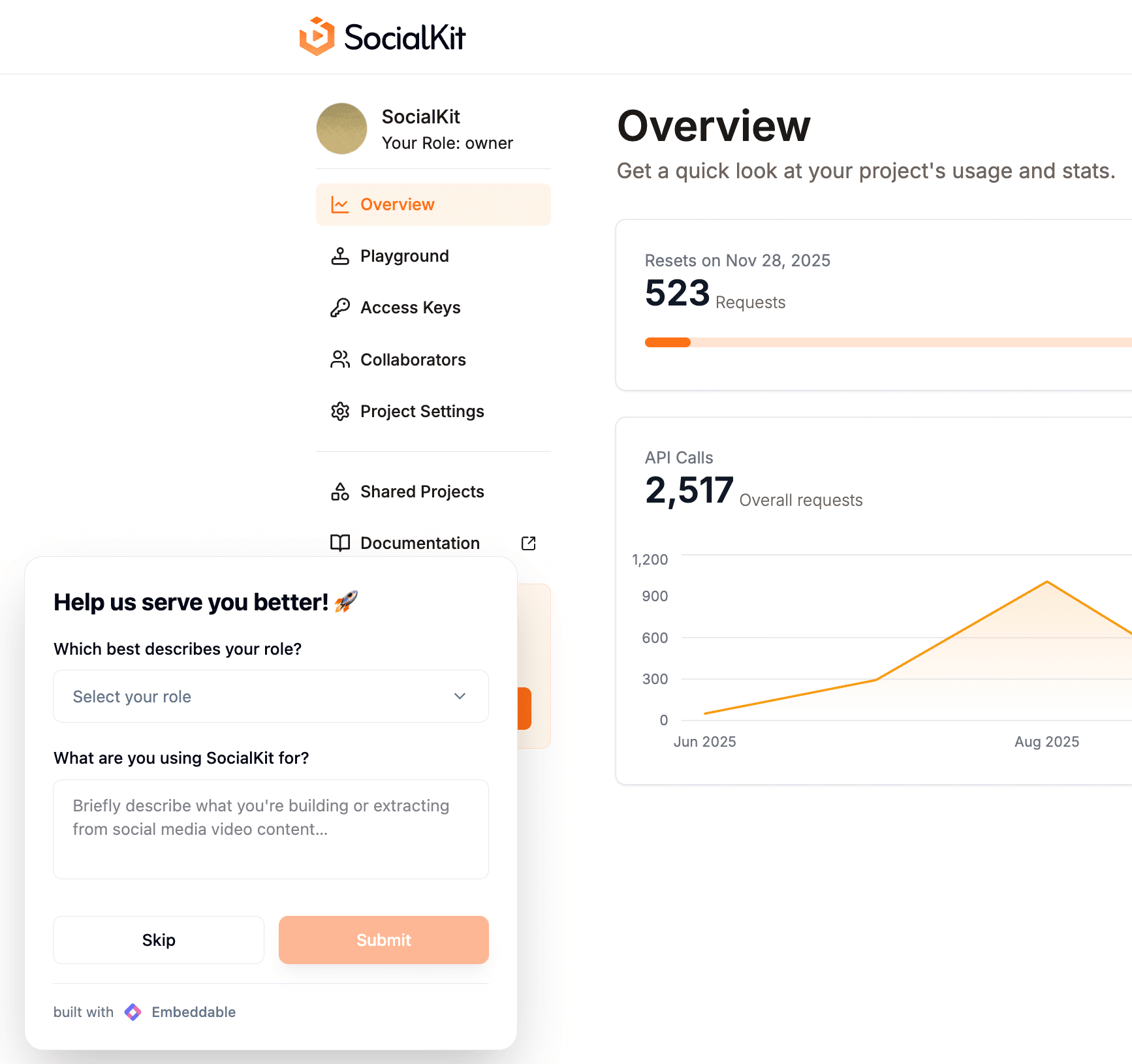 SocialKit Dashboard with Feedback Widget