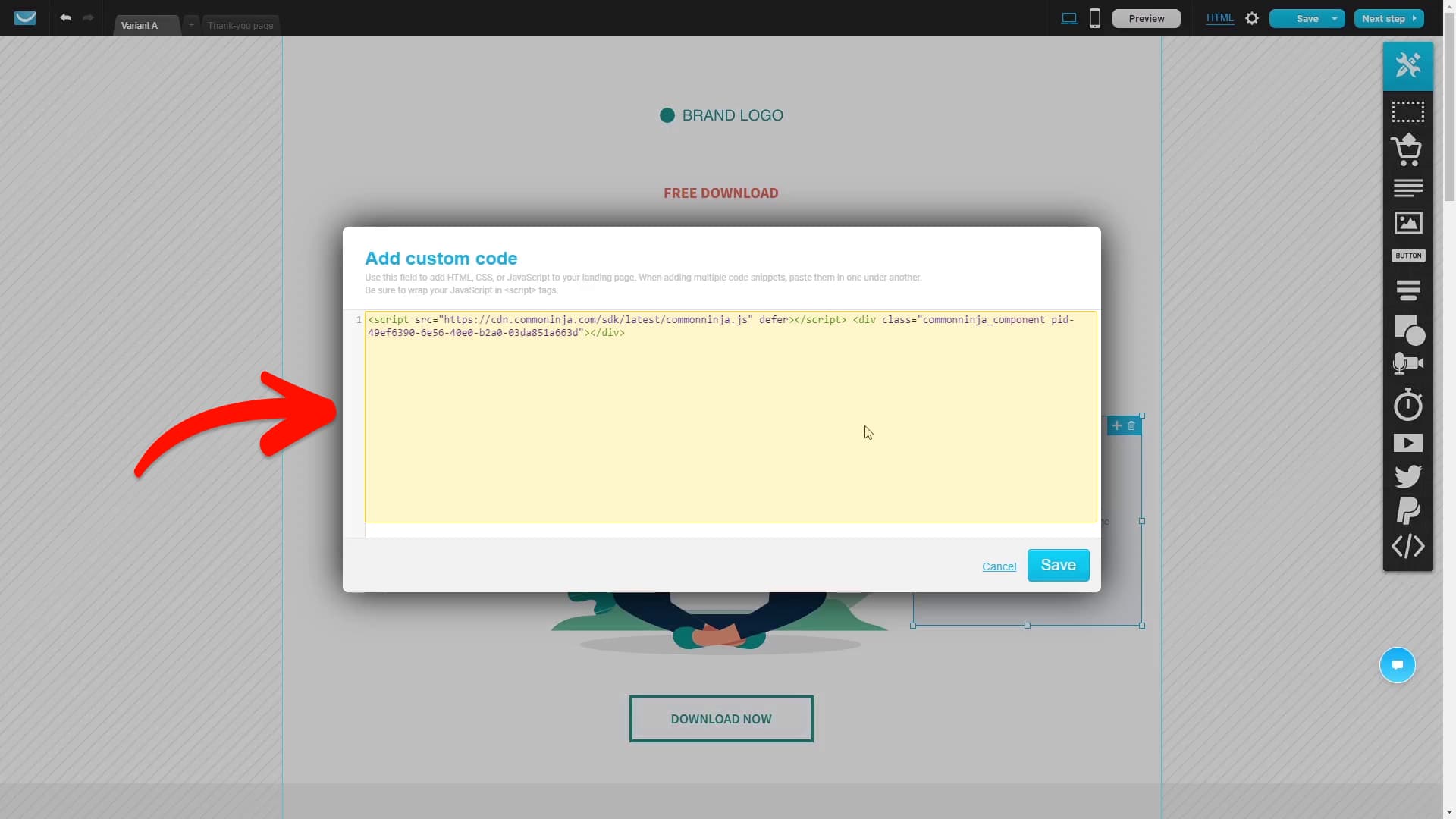 Place code block