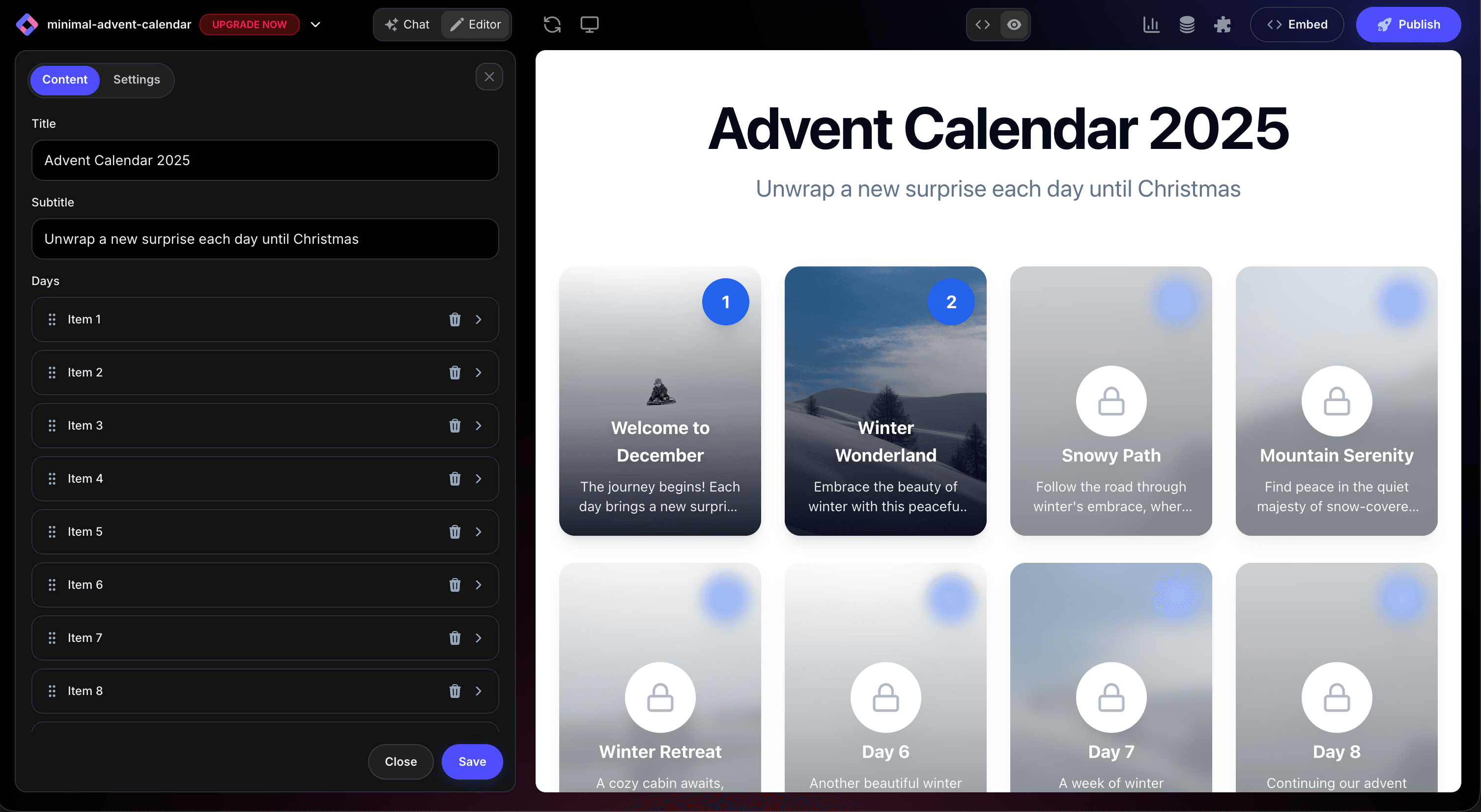 Advent Calendar Widget in Editor