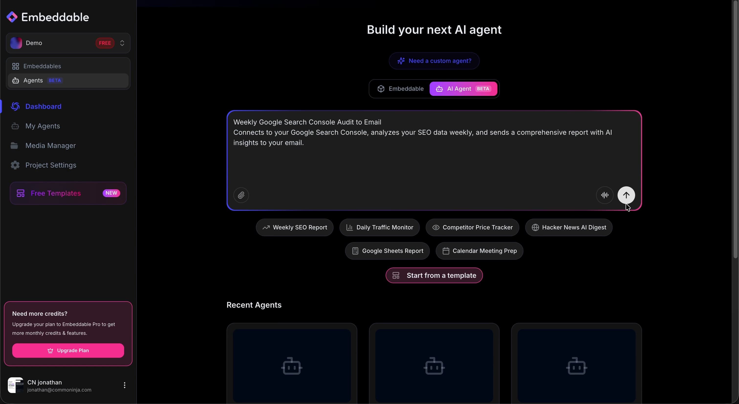 New AI agent screen with prompt entered
