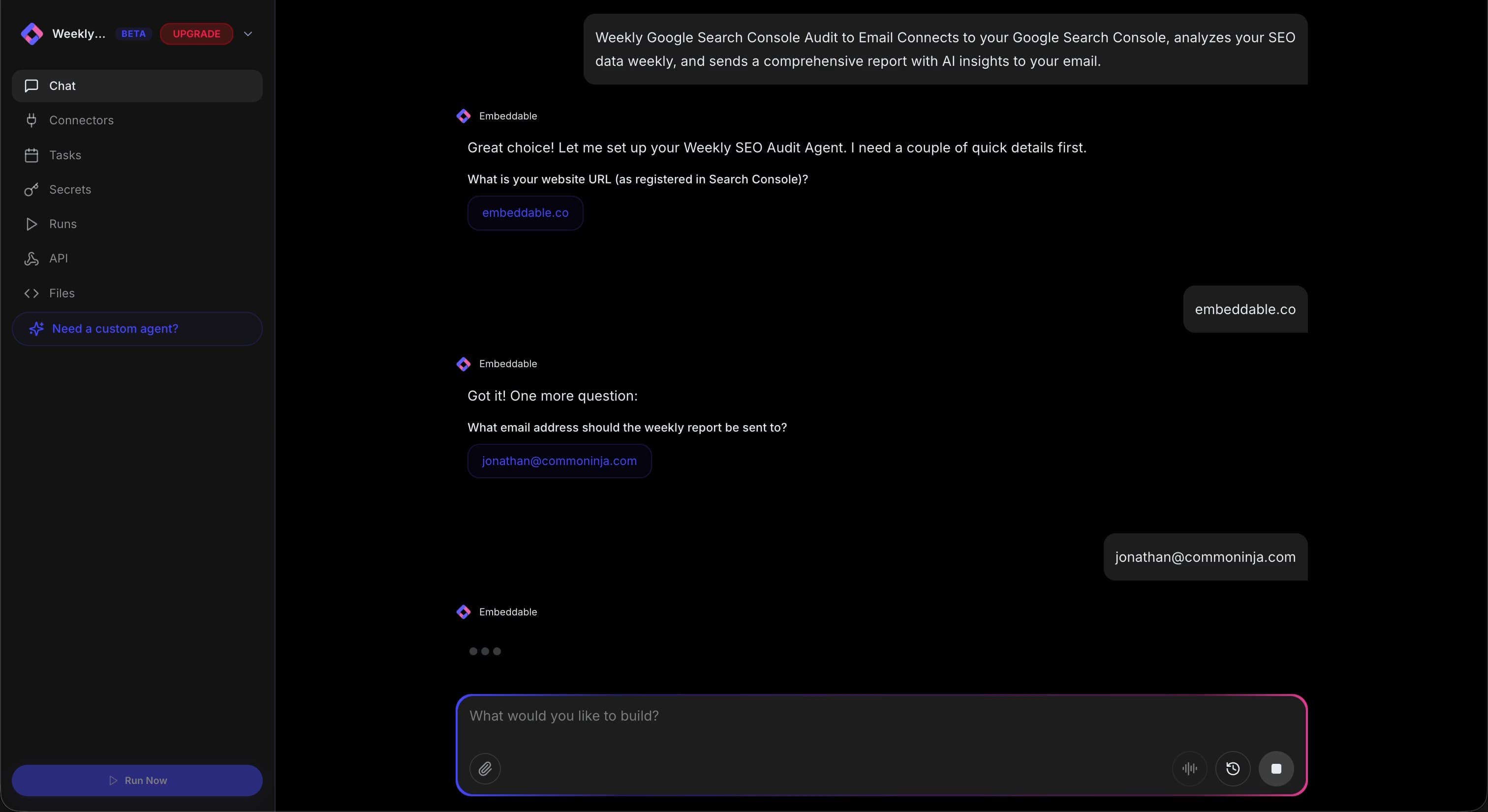 Entering website URL and email address