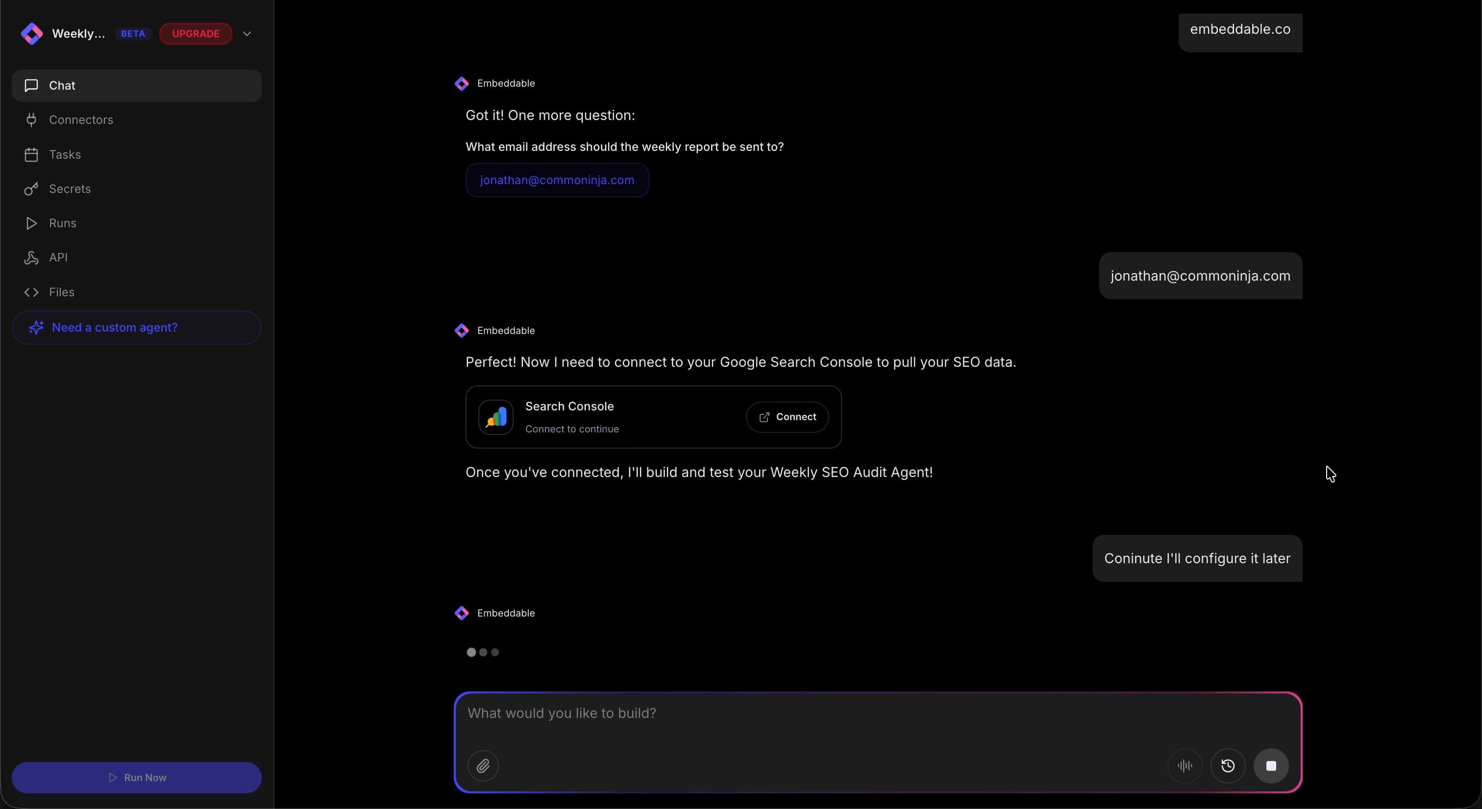Agent setup confirmation