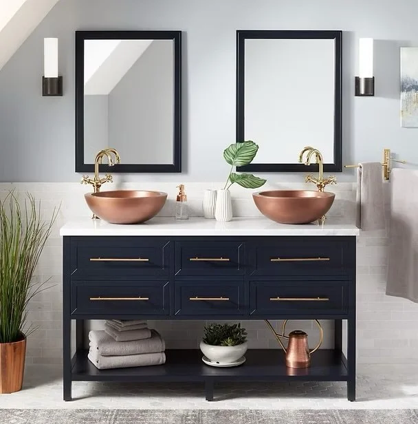 Navy blue vanity with mirror