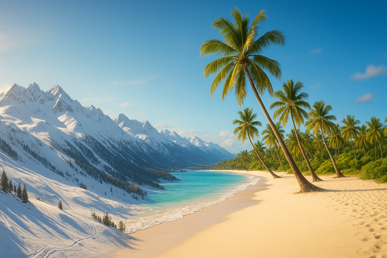 Snowy mountains and palm trees