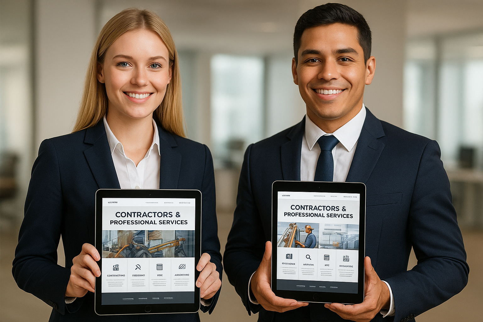 Sales agent holding a tablet showing a contractor website